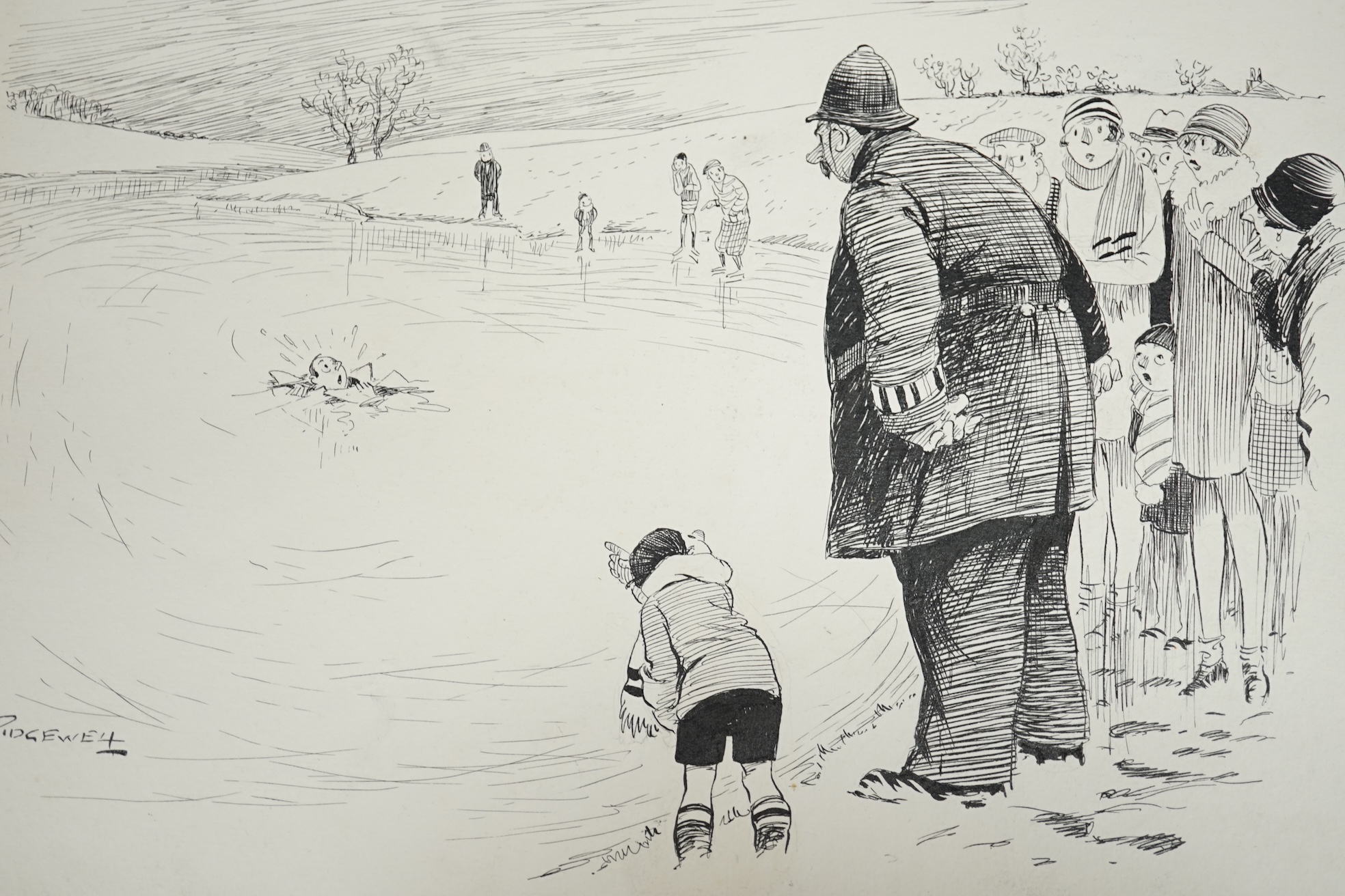 William Leigh Ridgewell (1881-1937), pen and ink, Rural Constable cartoon, signed, 28 x 38cm, unframed. Condition - fair to good